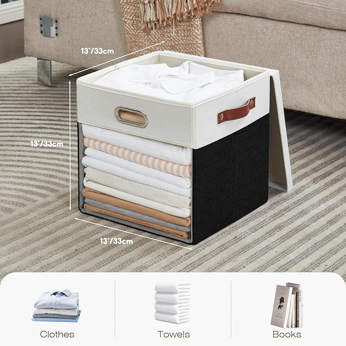 Fabric Storage Cubes with Clear Windows and Lids 13'' Foldable Storage Bins with 3 Handles Decorative Storage Boxes for Home Bedroom Closet Office (Balck &amp White)