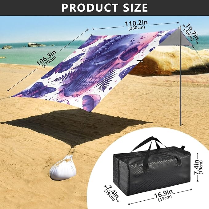 ALAZA Skull Butterfly Beach Tent Sun Shelter UPF50+ Protection Beach Shade Canopy w/ 4 Sandbags for Outdoor Camping Fishing Backyard Fun Picnic 10x9 ft