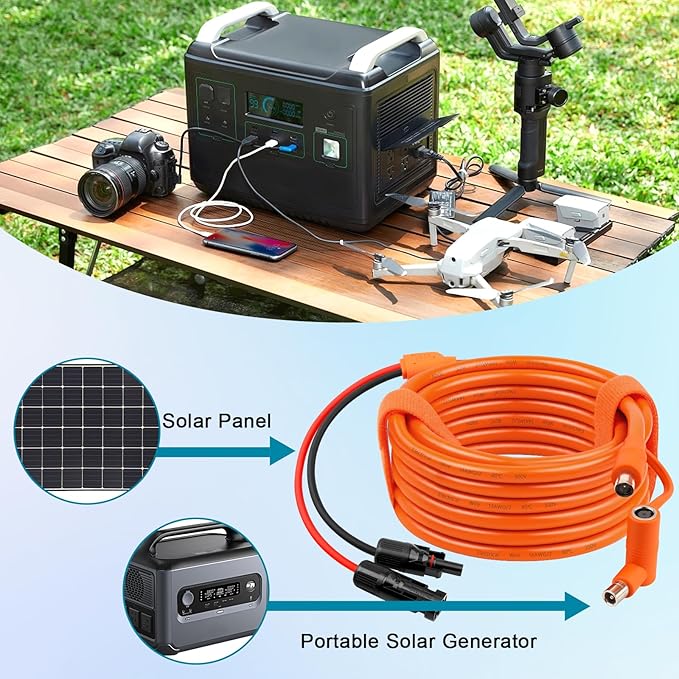 XRDS -RF Solar Panel to DC 8mm Adapter Cable 15FT Solar Connector to DC7909/8020 Male Plug Extension Cord 12AWG+14AWG Tinned Copper Wire Compatible with Portable Power Station