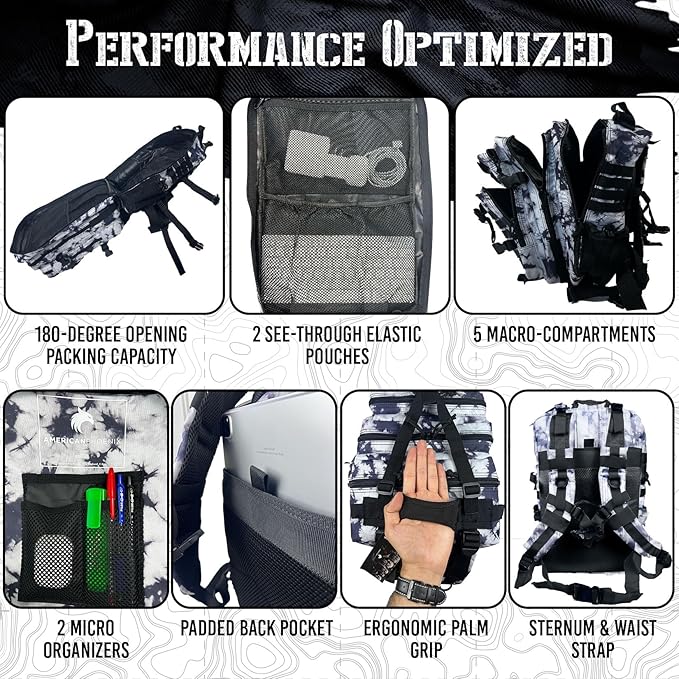 AMERICANPHOENIX 45L Elite Tactical Backpack | 3X Stronger Work &amp Military Backpack | Water Resistant and Heavy Duty | 3 Day MOLLE Bug Out Bag (Black Ice)