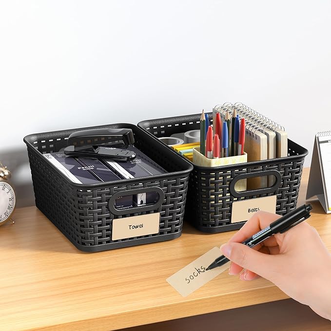 Black Plastic Storage Baskets - Pack of 8 with Labels Stackable Durable Storage Bins Storage Containers for Organizing Desktops Closets Playrooms Classrooms Offices