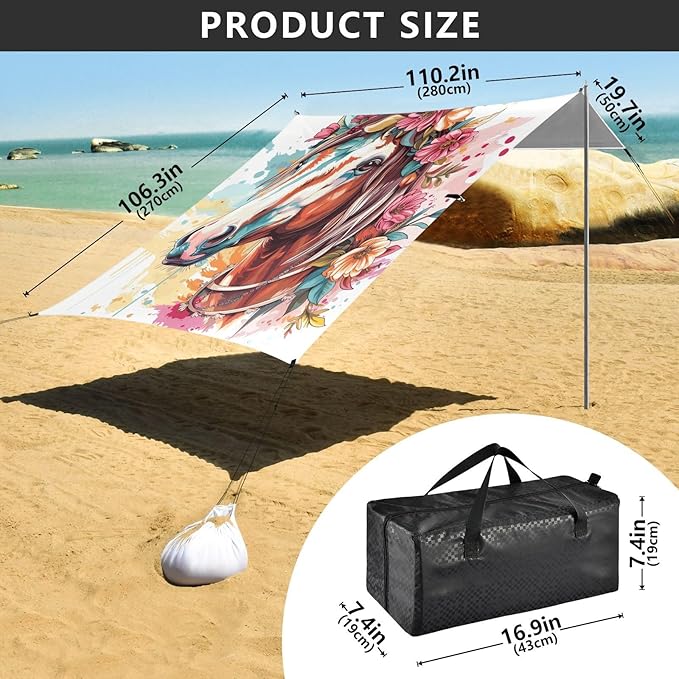 ALAZA Boho Horse with Flower Beach Tent Sun Shelter Portable Canopy Sunshade for Outdoor Camping Picnics Backyard Fun 10x9 ft