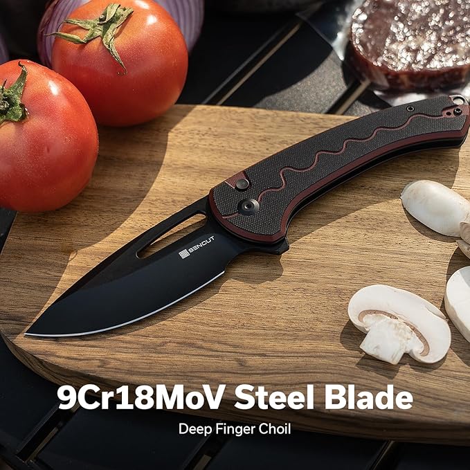 SENCUT Squiggy Pocket Knife Camping Folding Knife with 3.89'' 9Cr18MoV Blade &amp G10 Handle Reversible Clip for EDC Hiking S24082A-3 (Burgundy/Black)