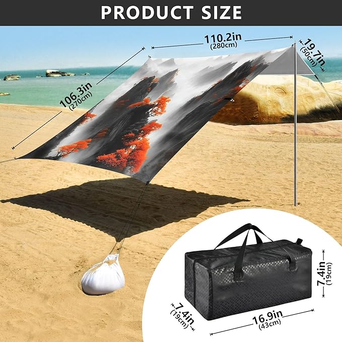 Mountain Beach Canopy Sun Shelter with Sandbags &amp Sand Shovel &amp Windproof Ropes - Portable 110x126 Beach Shade Beach Tent for Camping Picnics