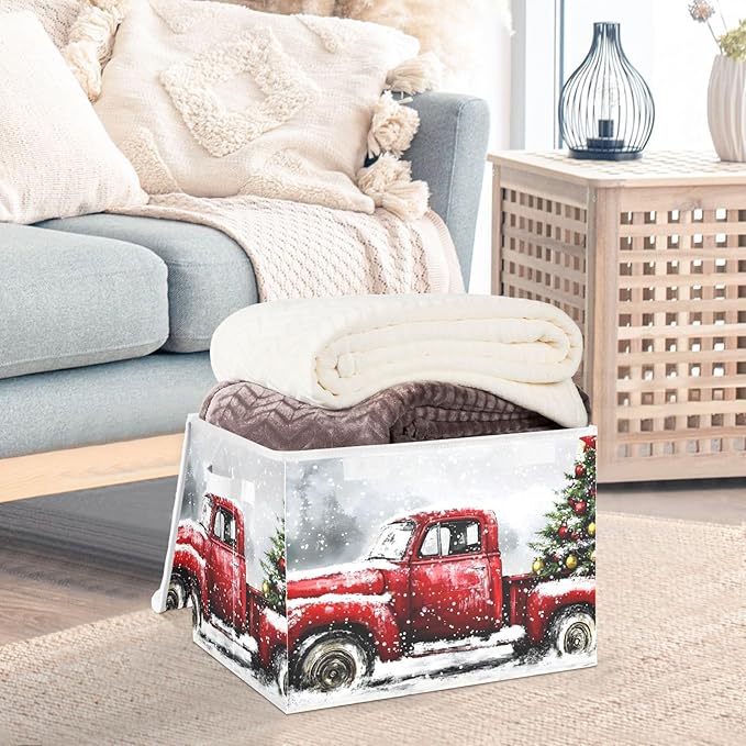 Collapsible Storage Bins Truck Christmas Tree with Lids &amp Handles Foldable Storage Boxes Basket with Flip-Top Lid for Home Office 16.5” x 12.6” x 11.8”