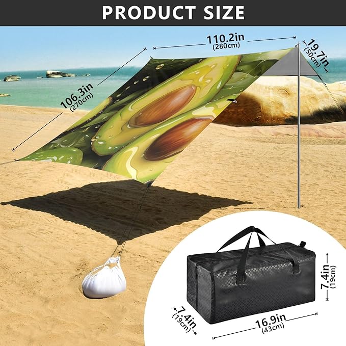 ALAZA Watercolor Avocado Beach Tent Sun Shelter Portable Canopy Sunshade for Outdoor Camping Picnics Backyard Fun 10x9 ft