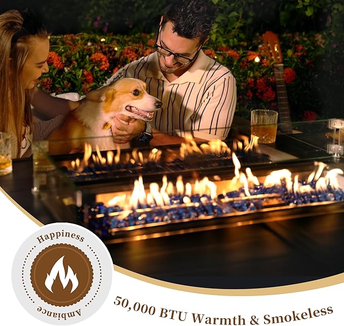 PIZZELLO 60 Inch Propane Firepit Table - Outdoor Rectangular Aluminum Fire Table w/Wind Guard - 50000 BTU Gas Fire Pit with Glass Beads and Waterproof Cover