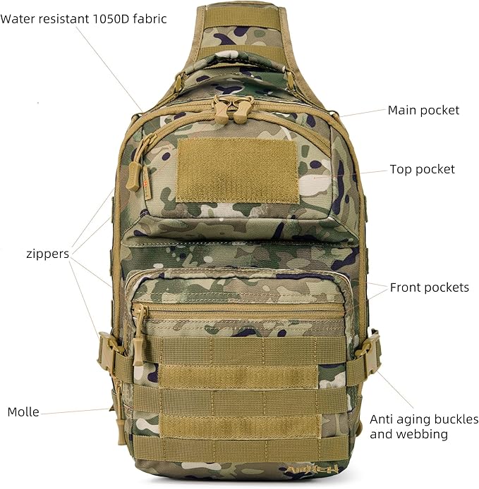 AMHEH 15L 1050D Tactical Sling Bag - Everyday Carry Crossbody Backpack with MOLLE and Concealed Back Pocket Fits 12 Laptop Camo