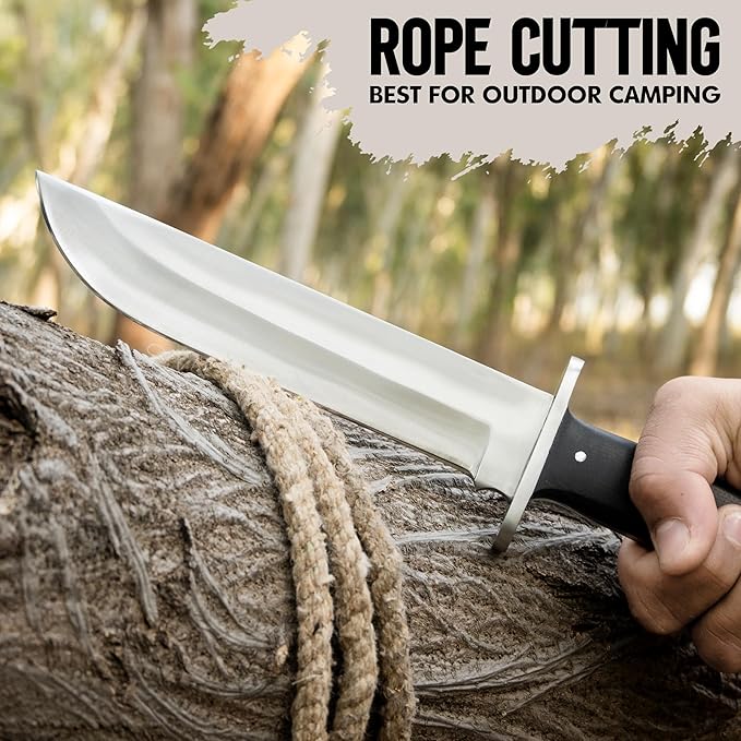 D2 13 Inch Full Tang Fixed Blade Bowie Knife with Leather Sheath - Suitable for Outdoor Bushcraft Survival and Camping Knife with Black Micarta Handle