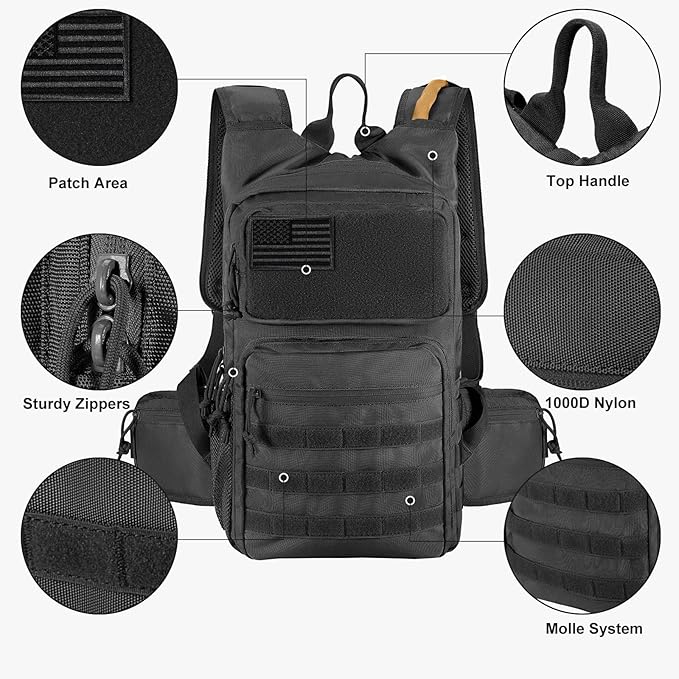 FRTKK Tactical Hydration Backpack and Kit of 34 Attachments for Tactical Backpack Belt Molle Bags Accessories Kit with Molle Pouch