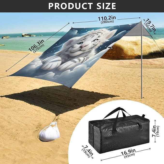 ALAZA Cute White Tiger Starry Beach Tent Sun Shelter UPF50+ Protection Beach Shade Canopy w/ 4 Sandbags for Outdoor Camping Fishing Backyard Fun Picnic 10x9 ft