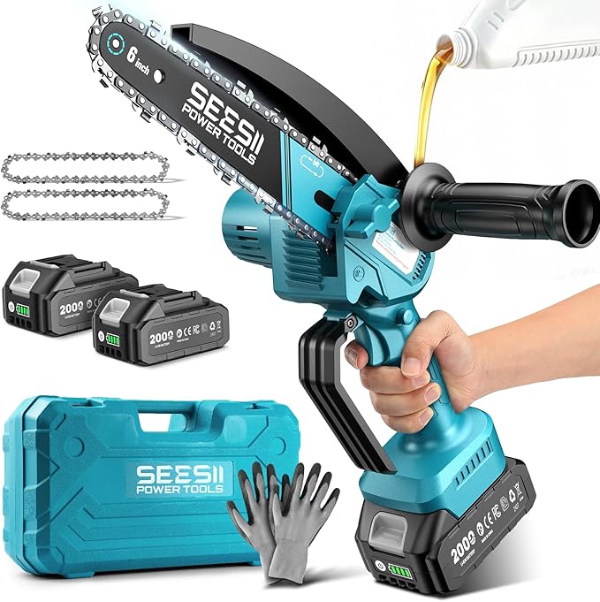 SEESII Chainsaw 6 Inch Mini Electric Chainsaw Cordless Battery Powered 2026 Upgraded Hand Held Saw with 2x2000mAh Battery for Wood/Trees Trimming Chain Saw Gift for Men Dad Husband Fathers Gardener