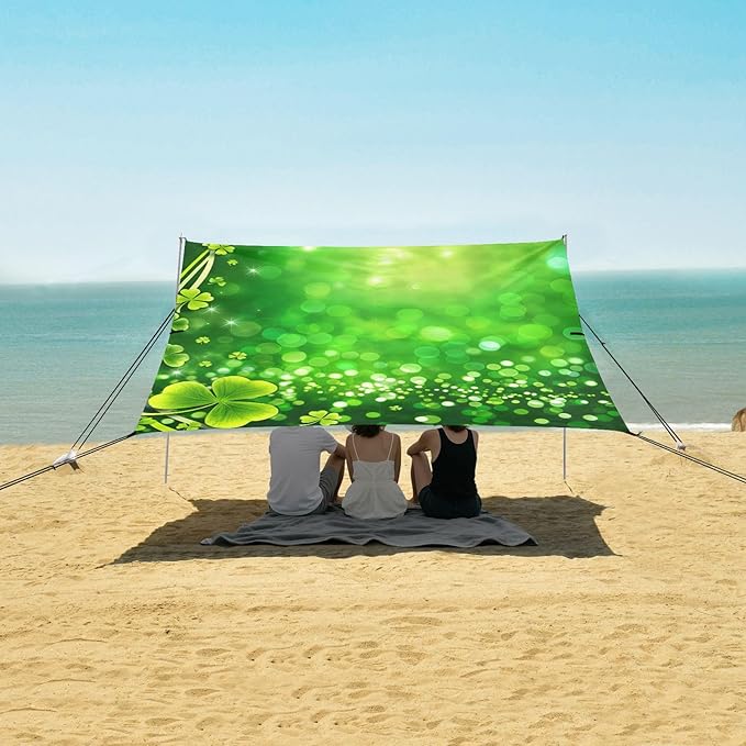 Beach Canopy with Windproof Ropes &amp Sandbags Beach Tent Sun Shade Sun Shelter for Camping Trips Fishing Backyard Fun or Picnics St. Patrick's Day Clover