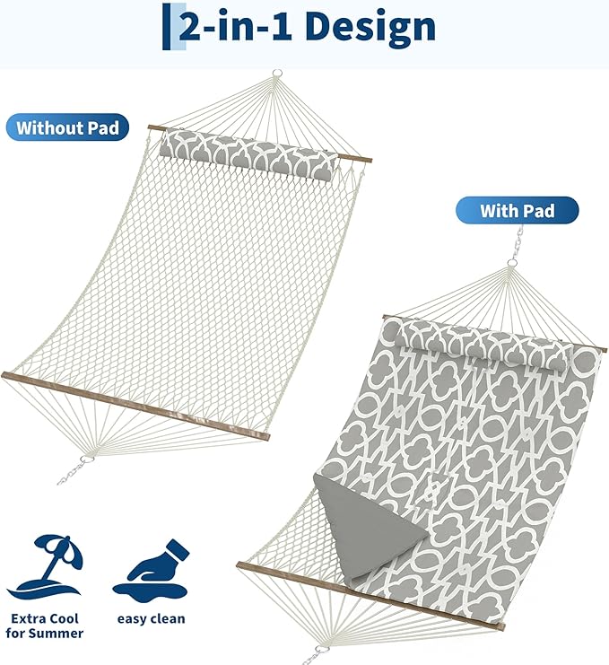 2 Person 12FT Hammocks for Outside Double Quilted Fabric Outdoor Hammock with Spreader Bar Large Removable Pillow Storage Pockets Carabiners Max 450 Lbs Capacity