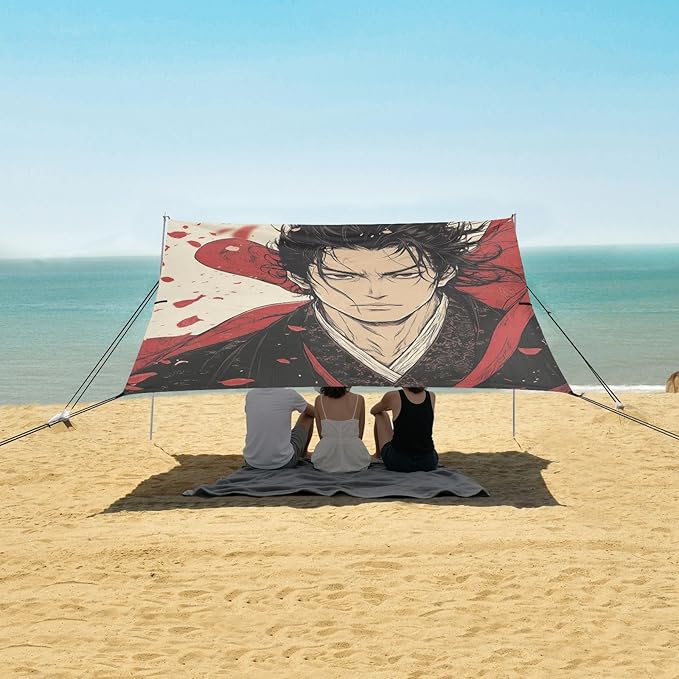 Game Anime Japanese Man Stable Beach Tent UPF50+ Waterproof Portable Sun Shelter with Sand Pockets for Backyard and Camping