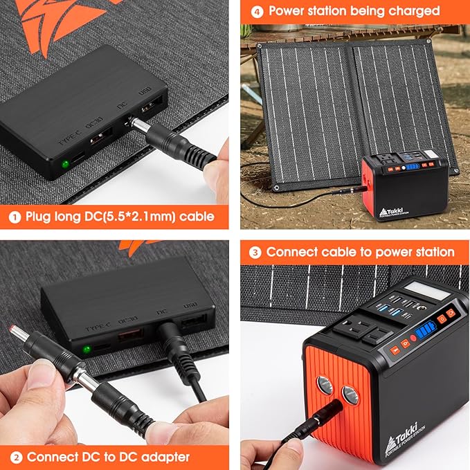 Takki 111Wh Portable Solar Generator Power Station with 21W Foldable Solar Panel 120W Peak Solar Charger Power Bank with 110V AC DC USB Ports for Camping Emergency Outdoor Home Use