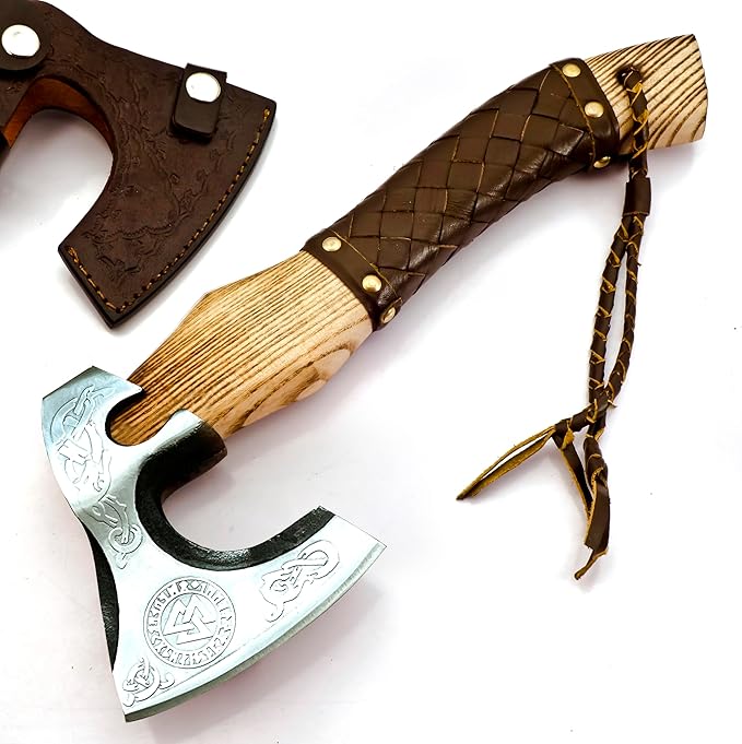 Custom Forged Carbon Steel Viking Style Bearded Axe - Real Hatchet Throwing &amp Camping Axe with Leather Wrap Best Gift for Anniversary Valentine's Day Birthday with Premium Leather Sheath