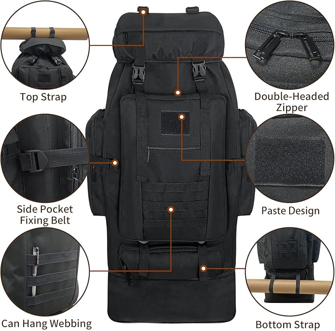 70L/100L Hiking Backpack with USB Charging Port Expandable Large Military Tactical Backpack Waterproof MOLLE Rucksack Travel Backpacking Daypack for Camping Climbing (Black)