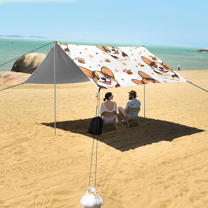 ALAZA Corgi Paw Prints Pattern Beach Tent Sun Shelter Portable Canopy Sunshade for Outdoor Camping Picnics Backyard Fun 10x9 ft