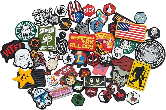 Lancer Tactical Assorted Military PVC Patches - Flag Funny and Morale Designs with Hook &amp Loop for Jackets Bags and Backpacks (50 PCS)