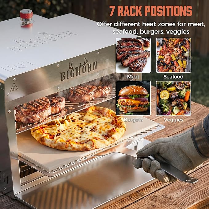 BIG HORN 2 Burner Infrared Gas Grill - 1500℉ Steak Cooker &amp Salamander Broiler Tabletop Propane Grill with Pizza Stone for Outdoor Cooking Stainless Steel Gas BBQ Grill
