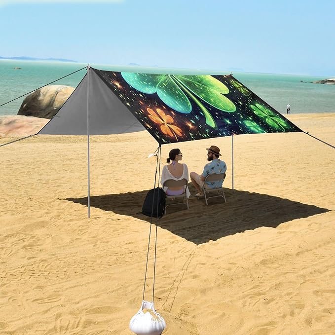 St Patrick's Clovers Glowing Beach Tent Sun Shelter Set UPF50+ UV Protection 10.5 x 9.19 FT Camping Shade Canopy with Sandbags Sand Anchors Carrying Bag and Others