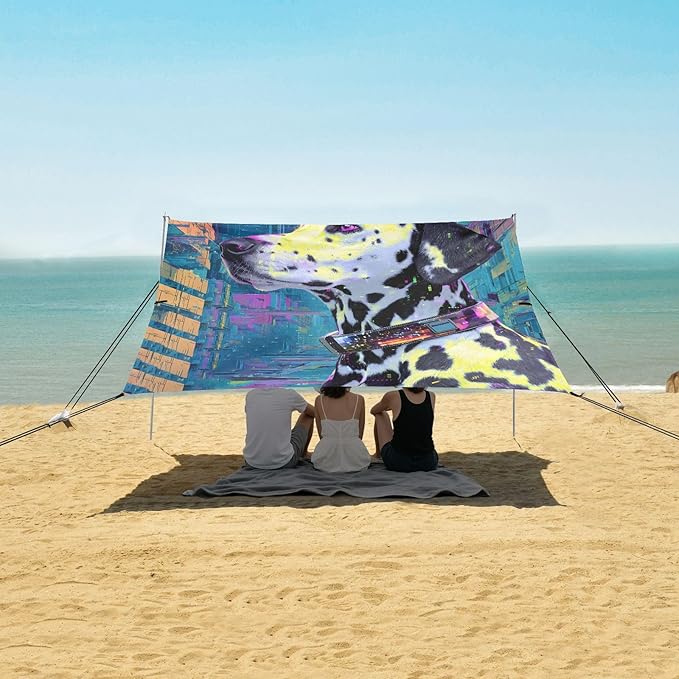 ALAZA Dalmatian Dog Beach Tent Sun Shelter UPF50+ Protection Beach Shade Canopy w/ 4 Sandbags for Outdoor Camping Fishing Backyard Fun Picnic 10x9 ft