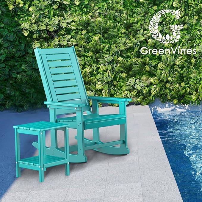 GREENVINES Outdoor Rocking Chairs | Set of 2 | Porch Rocker | HDPE Plastic | Aqua | Oversized Rockers | High Back | Big &amp Tall | Ladder Back | for Patio Outside Backyard Balcony Garden