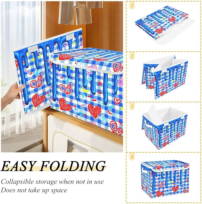 Storage Bins With Lid Stackable Fabric Closet Organizer Clothing Storage Large Boxes For Closet Shelves Bedroom Blue Checks Hearts Meltingicecream Splashes