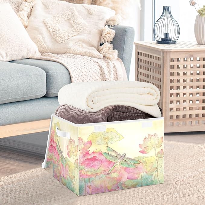 Dragonfly Lotuses Yellow Collapsible Storage Bins with Lids Decorative Fabric Cubes Closet Organizer Basket Boxes Containers for Clothes Box Chest Folding Rectangle