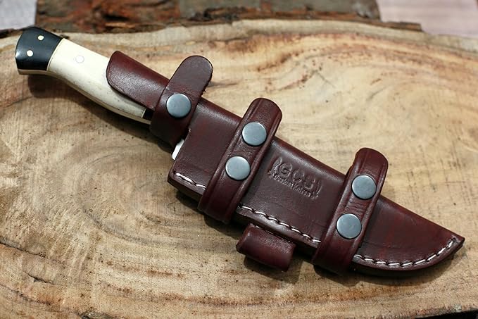 GCS Handmade D2 Tool Steel Bone Handle Hunting Skinning Camping Knife with Brown Leather Right or Left Hand Horizontal Fixed Blade Knife Sheath GCS207