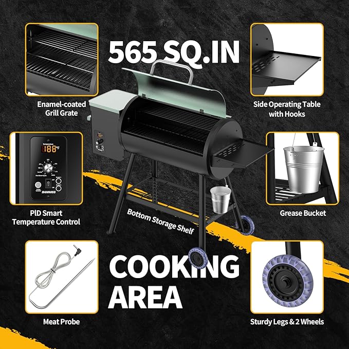 DAMNISS Pellet Smoker Grill Combo 565 SQ.IN Cooking Area with PID Temperature Control (180-450°F) Electric BBQ Meat Grills &amp Smokers Patio Backyard for Roast Outdoor
