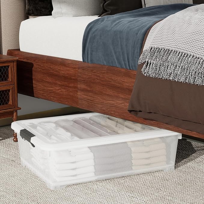52 Quart Large Plastic Underbed Latching Storage Box Clear Wheeled Under Bed Storage Bins 3 Packs
