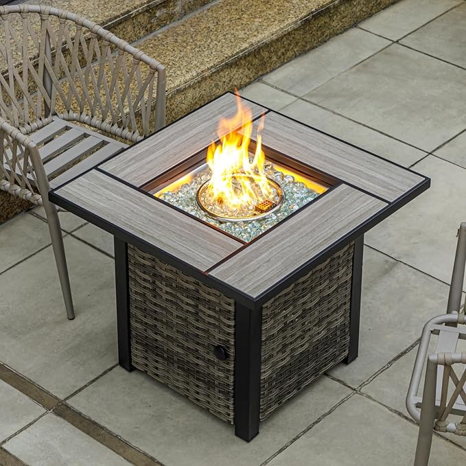 OutVue 30 Propane Fire Pit Table with Real Ceramic Tabletop &amp Ratten Side Panel 50000 BTU Gas Firepit Table with Lid &amp Glass Rock Outdoor Fire Pit for Dining or Party Firepit for Outside
