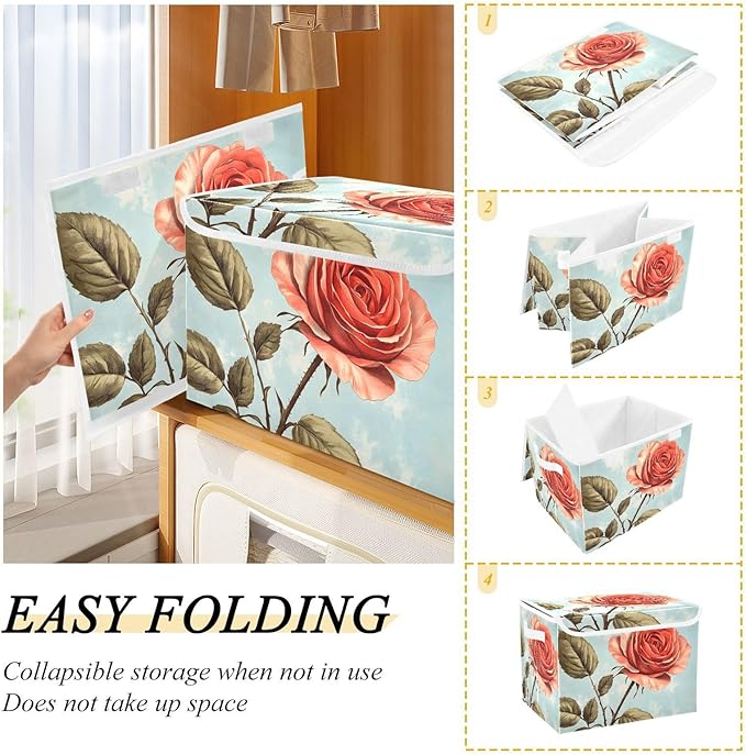 AIXIWAWA Lidded Storage Cube (Vintage Flower) Fabric Foldable Closet Bins with Flip Lid and Handles Organizer Basket Container 16.5 x 12.6 x 11.8 IN