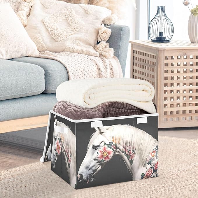 AIXIWAWA Lidded Storage Cube (Horse with Painting) Fabric Foldable Closet Bins with Flip Lid and Handles Organizer Basket Container 16.5 x 12.6 x 11.8 IN