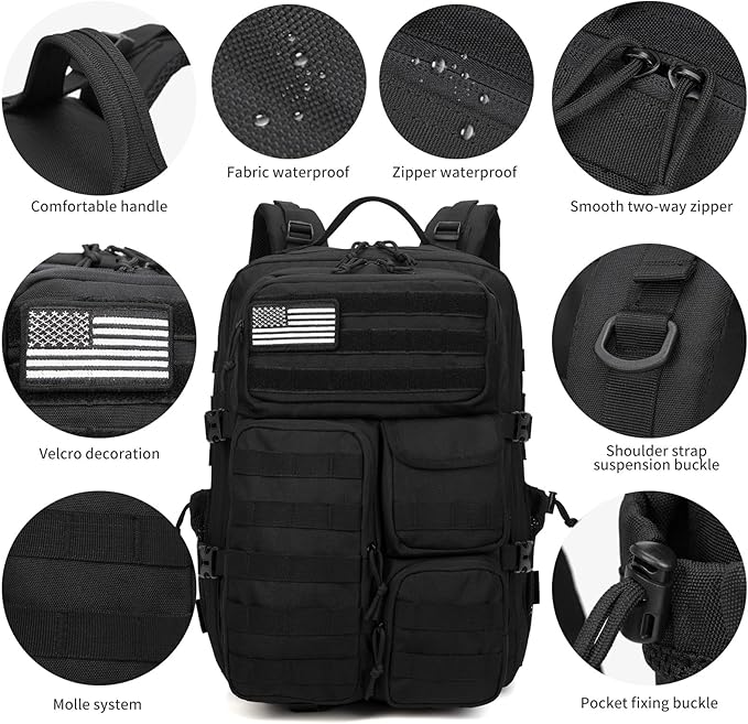 Wotony Tactical Backpack - Military waterproof backpack with multiple pockets and tactical gear for the outdoors (Black 45L)