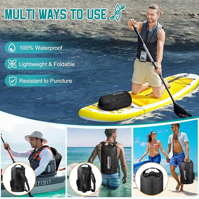 BKNOOU Dry Bag Waterproof Backpack for Women Men 10L/20L Roll Top Lightweight Dry Storage Bag Backpack for Travel Kayaking Boating Rafting Camping Hiking and Beach with Phone Pouch