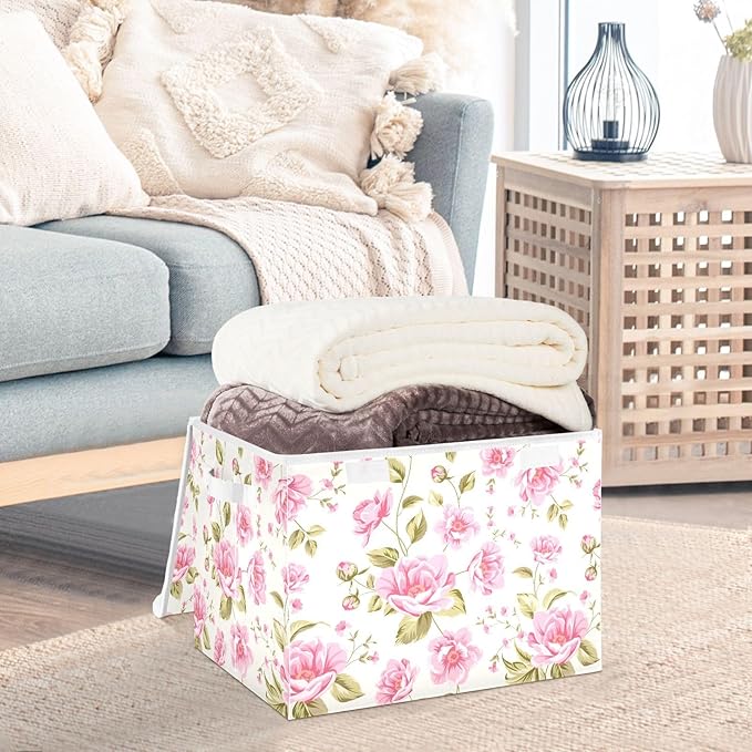 Storage Box Rose Flower Floral Closet Storage Bins with Lids Foldable Oxford Fabric Storage Box for Home Bedroom Closet Office (16.5x12.6x11.8 in)