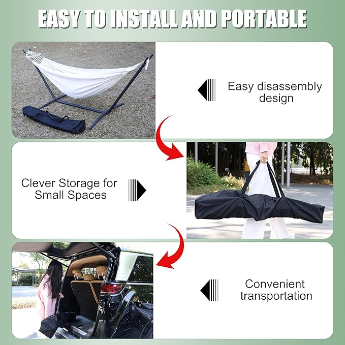 2 Person Hammock with Stand for Indoor &amp Outdoor 550lbs Sturdy Steel Frame - Anti-Flip Curved Bars Safety - Comfortable Cotton Portable Hammock for Patio Sunroom Bedroom Natural Beige