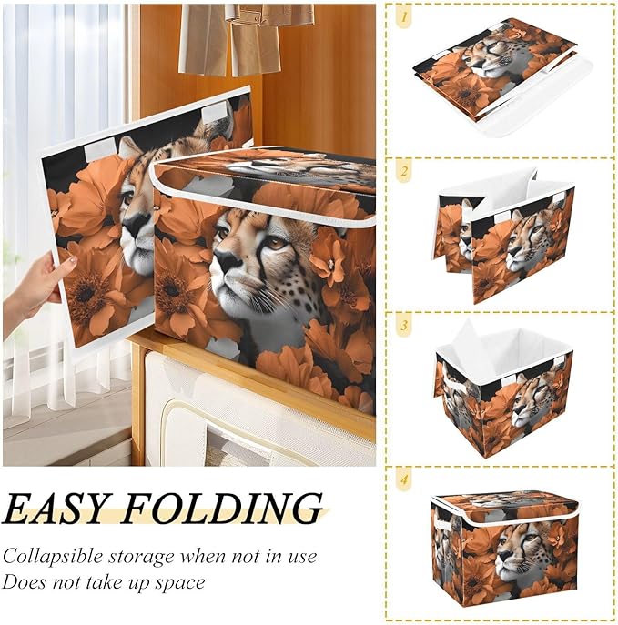 AIXIWAWA Lidded Storage Cube (Cheetah Flower) Fabric Foldable Closet Bins with Flip Lid and Handles Organizer Basket Container 16.5 x 12.6 x 11.8 IN
