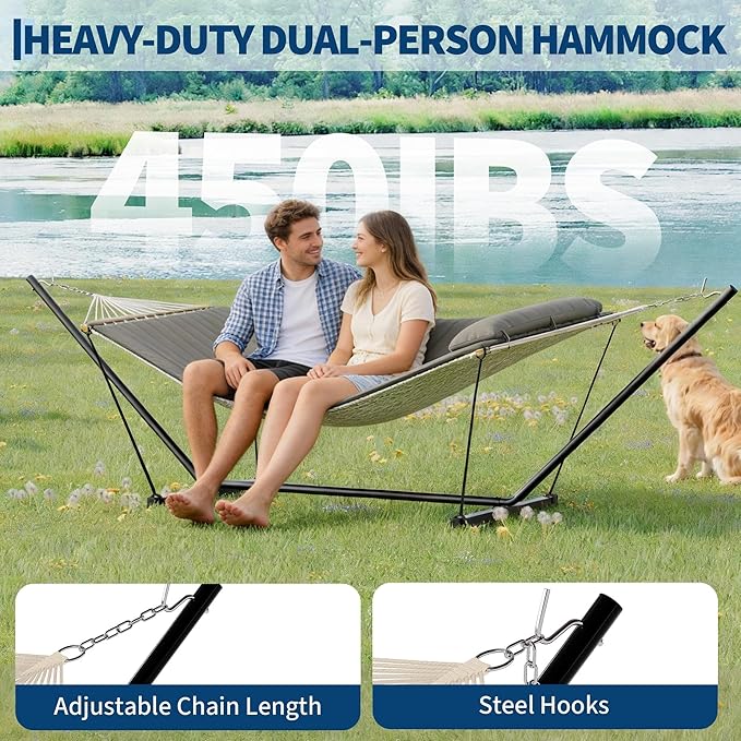 Double Hammock with Stand Curved-Bar Hammock 450LBS Capacity 2 Person Large Hammock Indoor and Outdoor Hammock Perfect for Backyard Patio Beach