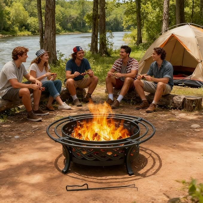 Panovue 42 Inch Outdoor Fire Pit with 2 LoopsCrossweave Wood Burning Fire Pits for Outsidewith Spark ScreenFire PokerRound Metal Firepit for PatioBackyardBeachCampingBonfire(42''Black)