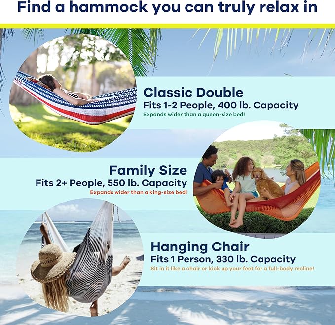 Handwoven Cotton Rope Hammock by Yellow Leaf Hammocks - Double Size Fits 1-2 PPL 400lb max - 100% Natural Cotton Easy to Hang Artisan Made - Color: Navy Blue - Off White