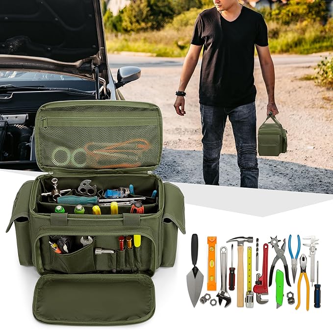 Rexmica Small Tool Bag with Anti-friction and Thick Padded Bottom Tool Storage Organizer for Men Tactical Range Bag Multi-functional Work Bag for Repairman Electrician Carpenters (Green)