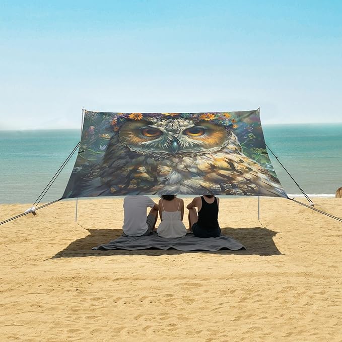 ALAZA Owl Wreath of Flower on Head Beach Tent Sun Shelter Portable Canopy Sunshade for Outdoor Camping Picnics Backyard Fun 10x9 ft