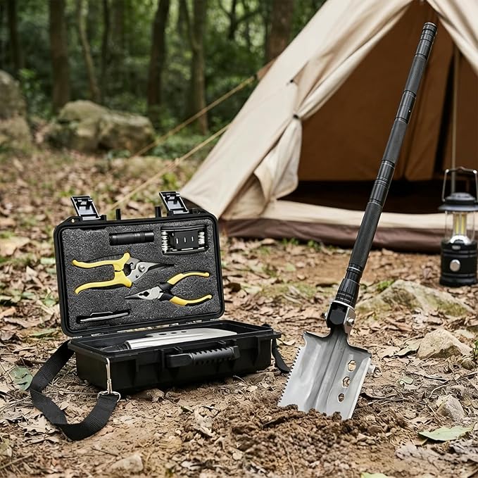 Folding Camping Shovel Axe KitMultifunctional Survival Shovel with Stainless Steel Pickaxe pliersCompassLocking scissorsMagnetic flashlight- For Camping Snow Hiking Survival Gear