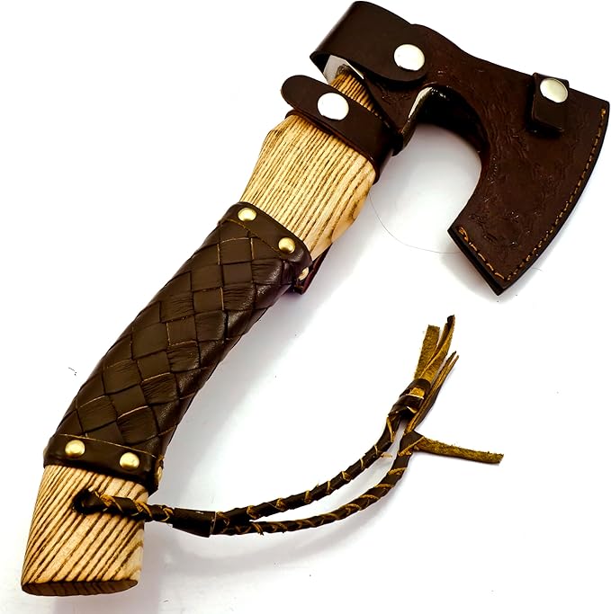 Custom Forged Carbon Steel Viking Style Bearded Axe - Real Hatchet Throwing &amp Camping Axe with Leather Wrap Best Gift for Anniversary Valentine's Day Birthday with Premium Leather Sheath