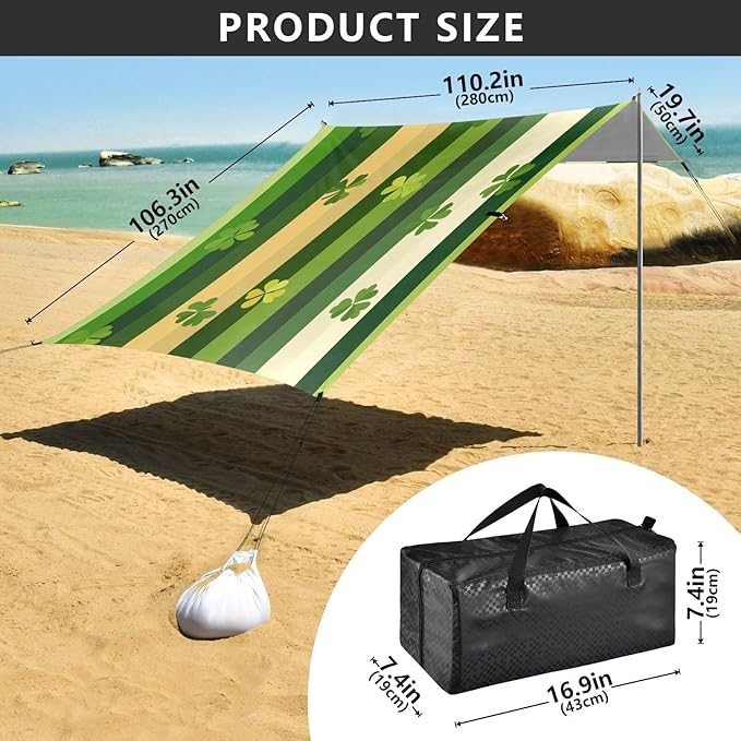 St Patrick's Clovers Stripes Beach Tent Sun Shelter Set UPF50+ UV Protection 10.5 x 9.19 FT Camping Shade Canopy with Sandbags Sand Anchors Carrying Bag and Others