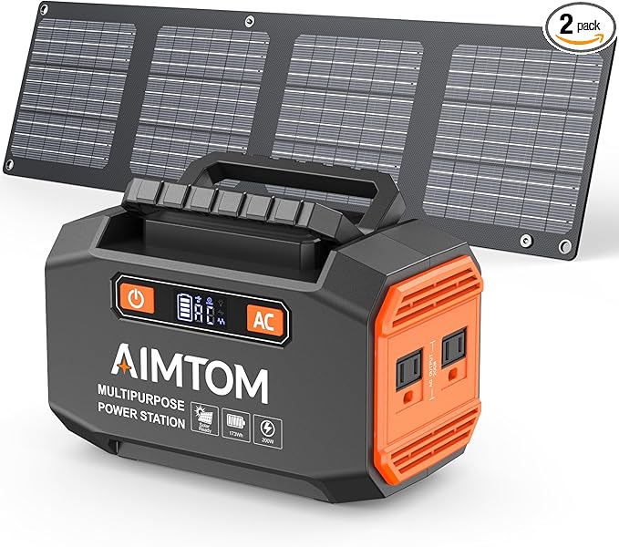 AIMTOM 200W Portable Power Station with 30W Solar Panel Bundle – 173Wh Lithium Battery 250W Peak AC USB-A USB-C and 12V DC Outputs High-Efficiency Solar Generator for Camping RV Emergency Backup